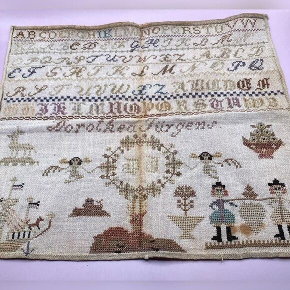 Antique Needlework Sampler Cross Stitch Alphabet Dorothea Jurgens Ships *Read* - Picture 1 of 5